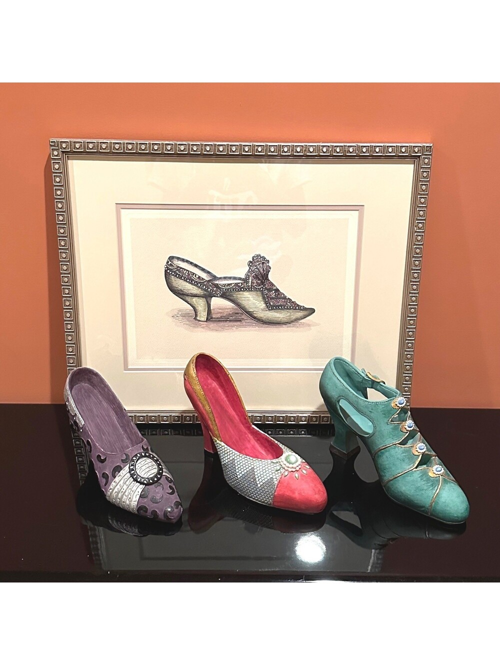Windsor Art Victorian Shoe Framed Lithograph 3 Shoe Sculptures 4pc Set Picture